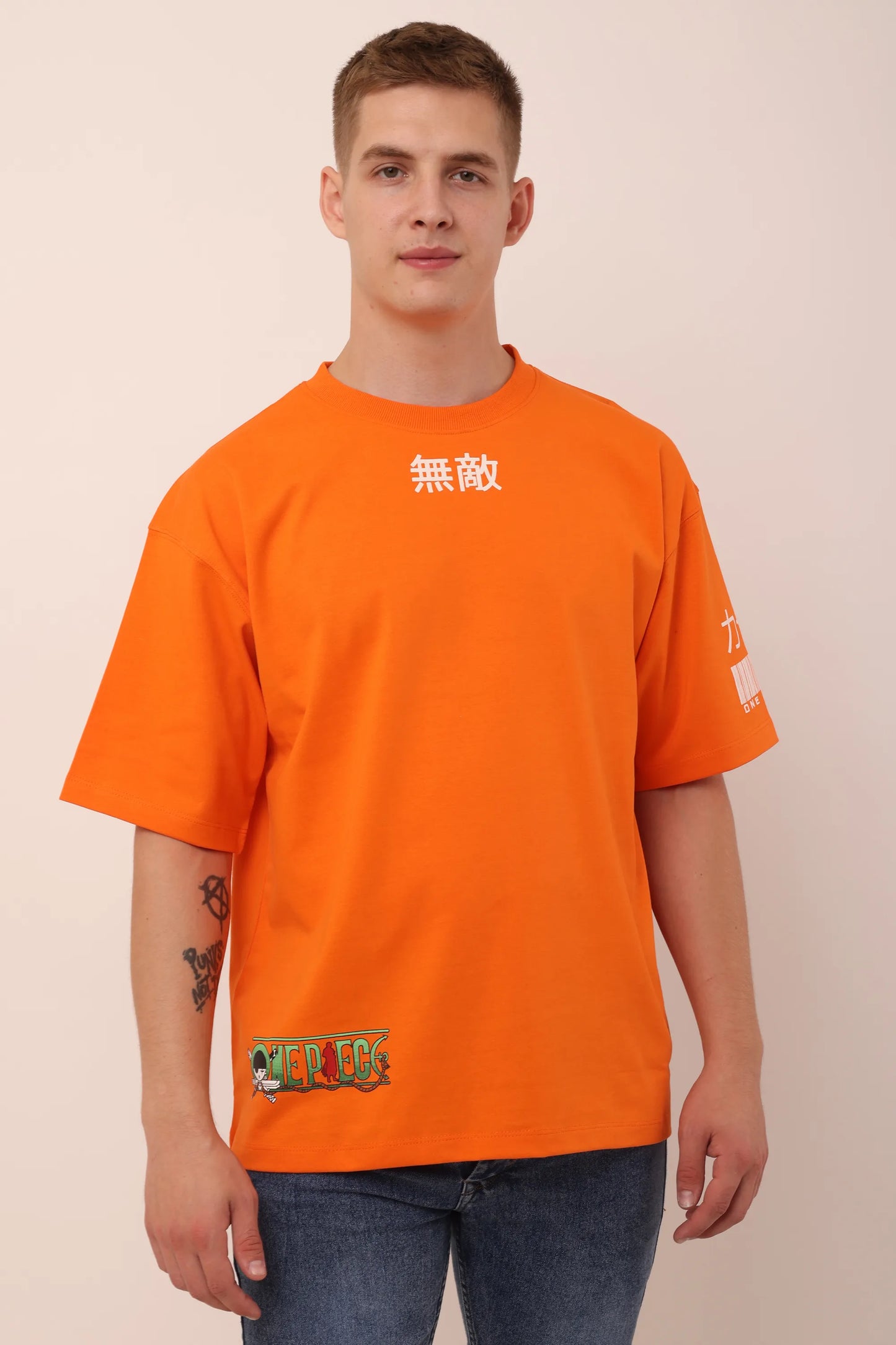 Zoro Orange Graphic Drop Shoulder Oversized T-Shirt Men