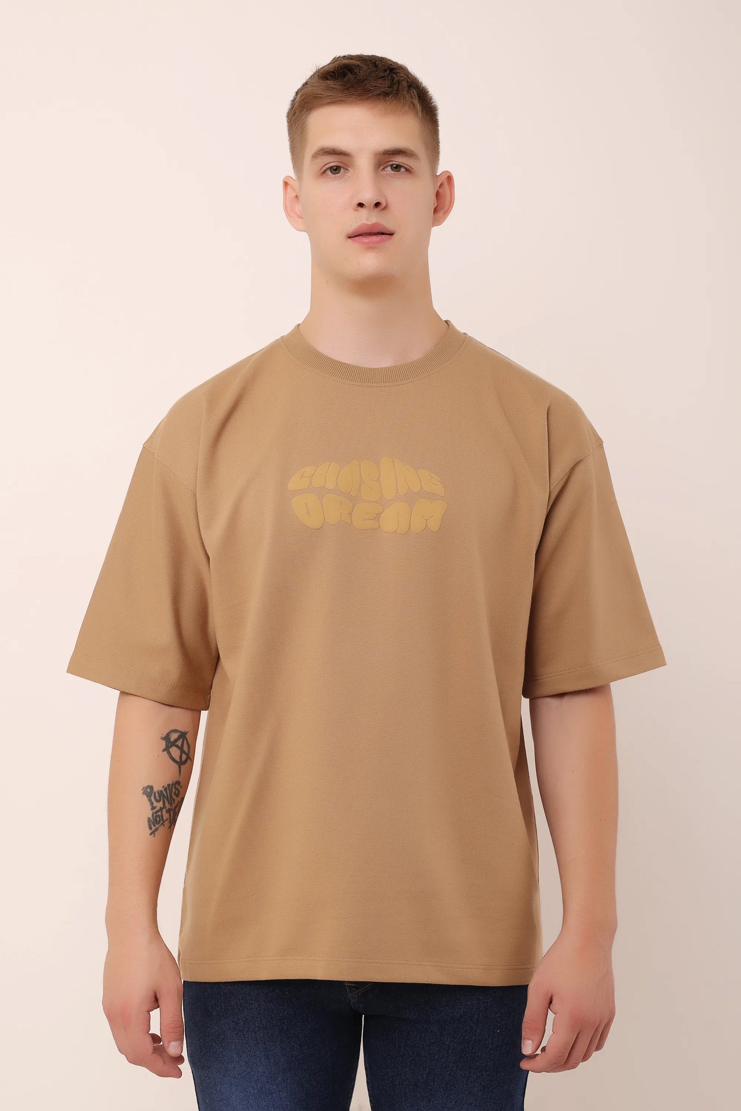 Chasing Dream Brown Graphic Drop Shoulder Oversized 3D Puff Print T-Shirt Men