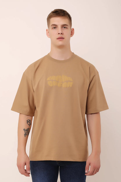 Chasing Dream Brown Graphic Drop Shoulder Oversized 3D Puff Print T-Shirt Men