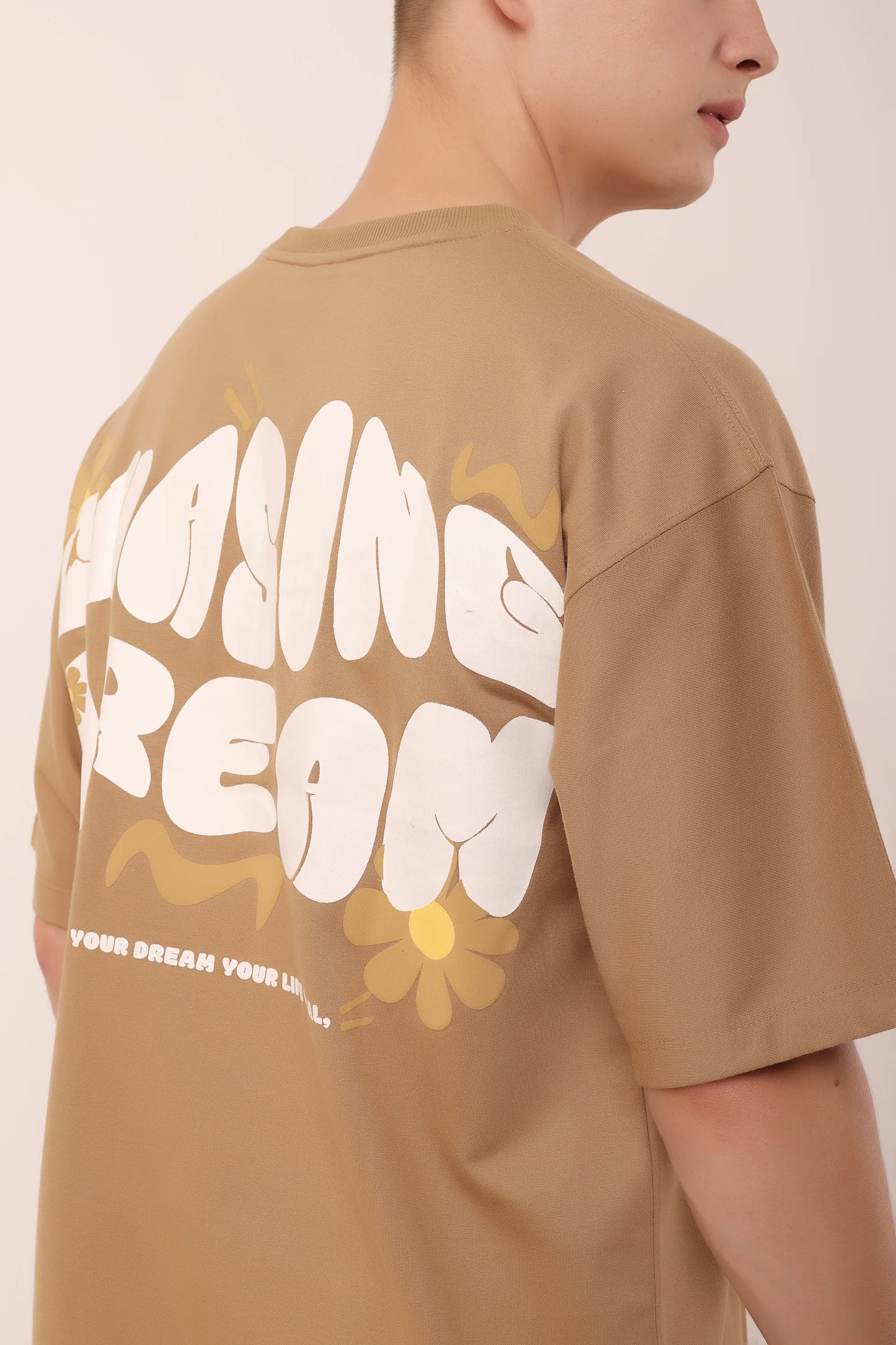 Chasing Dream Brown Graphic Drop Shoulder Oversized 3D Puff Print T-Shirt Men