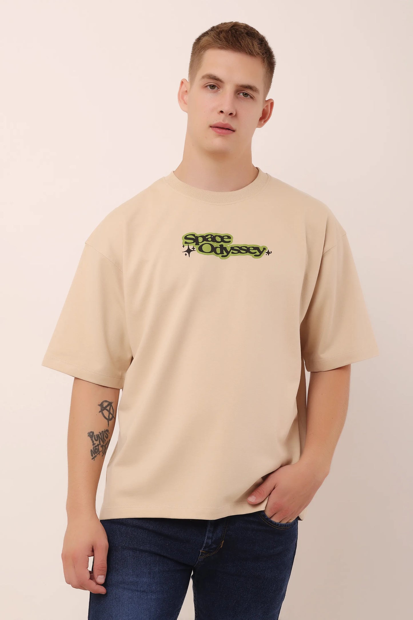 Space Odyssey Beige Graphic Drop Shoulder Oversized T-Shirt Puff Print Men