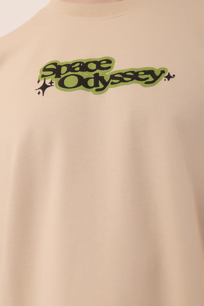 Space Odyssey Beige Graphic Drop Shoulder Oversized T-Shirt Puff Print Men