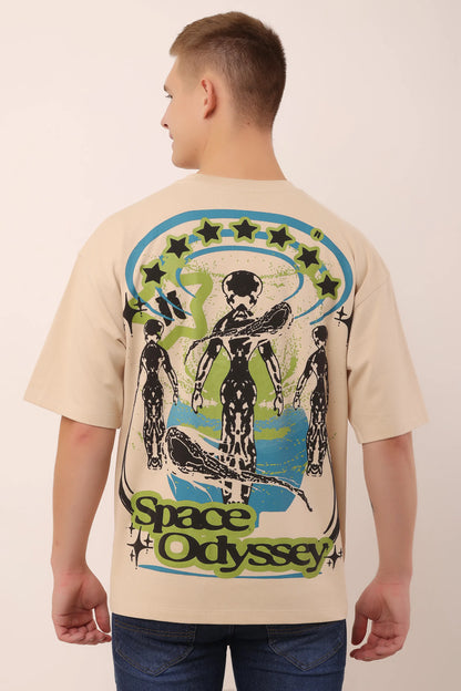 Space Odyssey Beige Graphic Drop Shoulder Oversized T-Shirt Puff Print Men