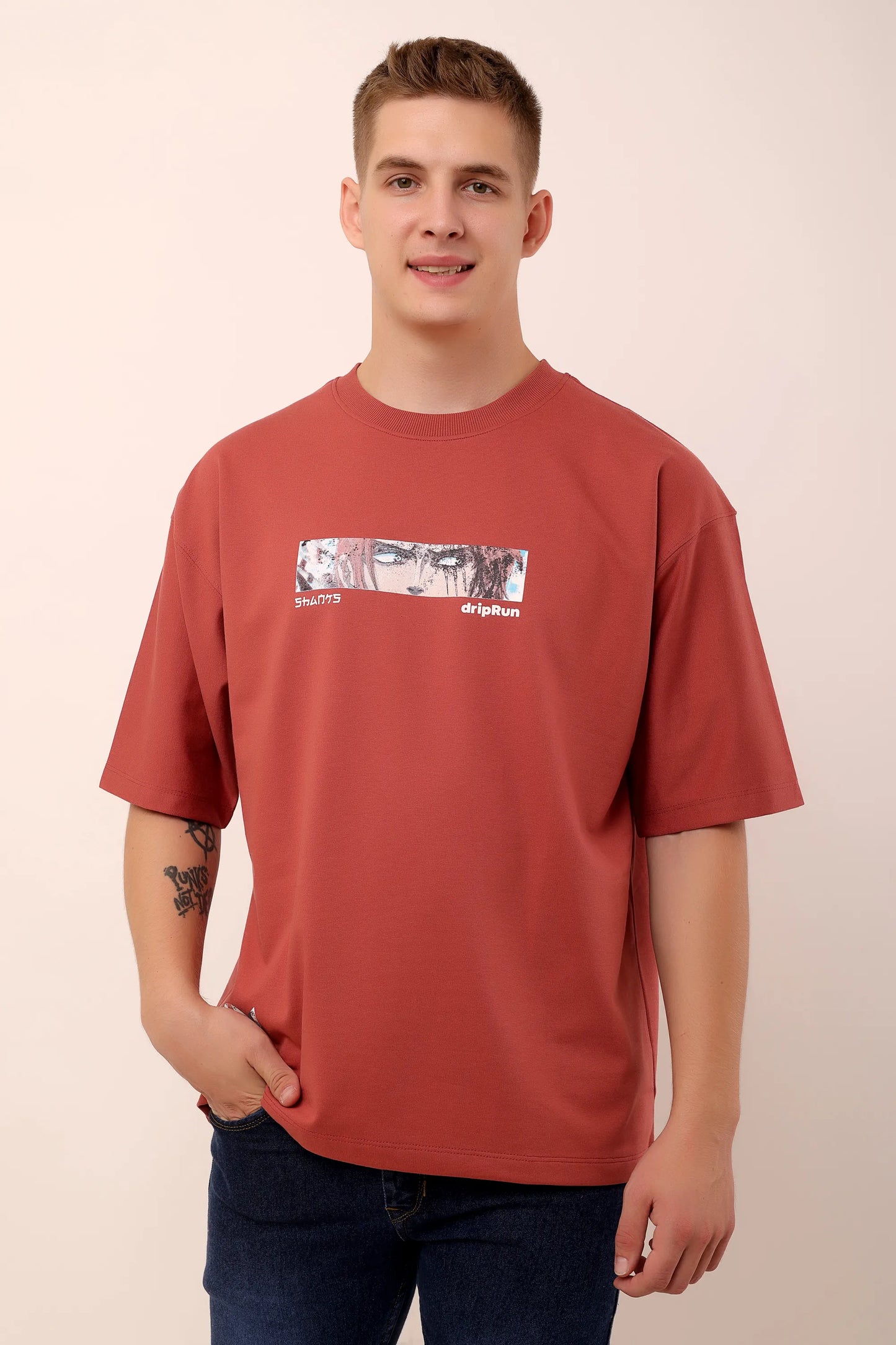 Red Graphic Drop Shoulder Oversized  Puff Print T-Shirt Men