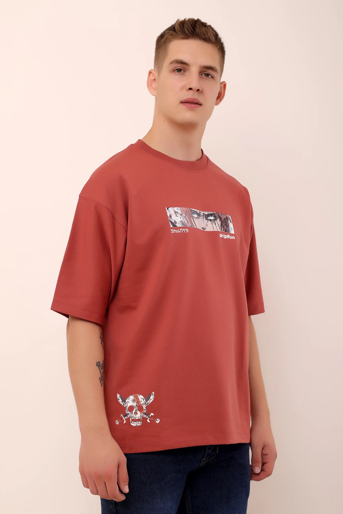 Red Graphic Drop Shoulder Oversized  Puff Print T-Shirt Men