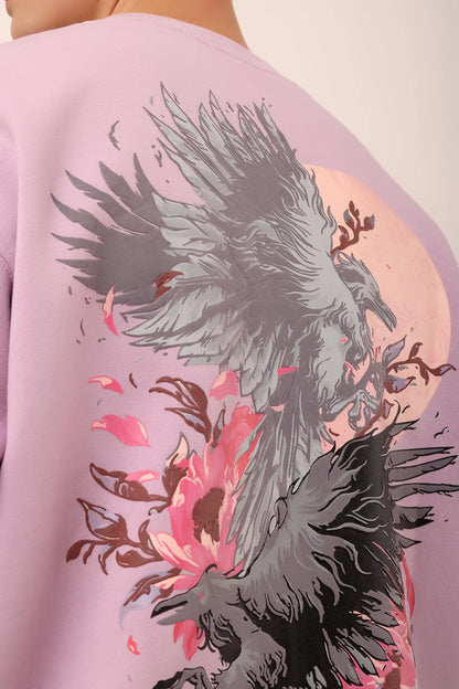 Crow Lavender Graphic Drop Shoulder Oversized 3D Puff Print Sweatshirt Men