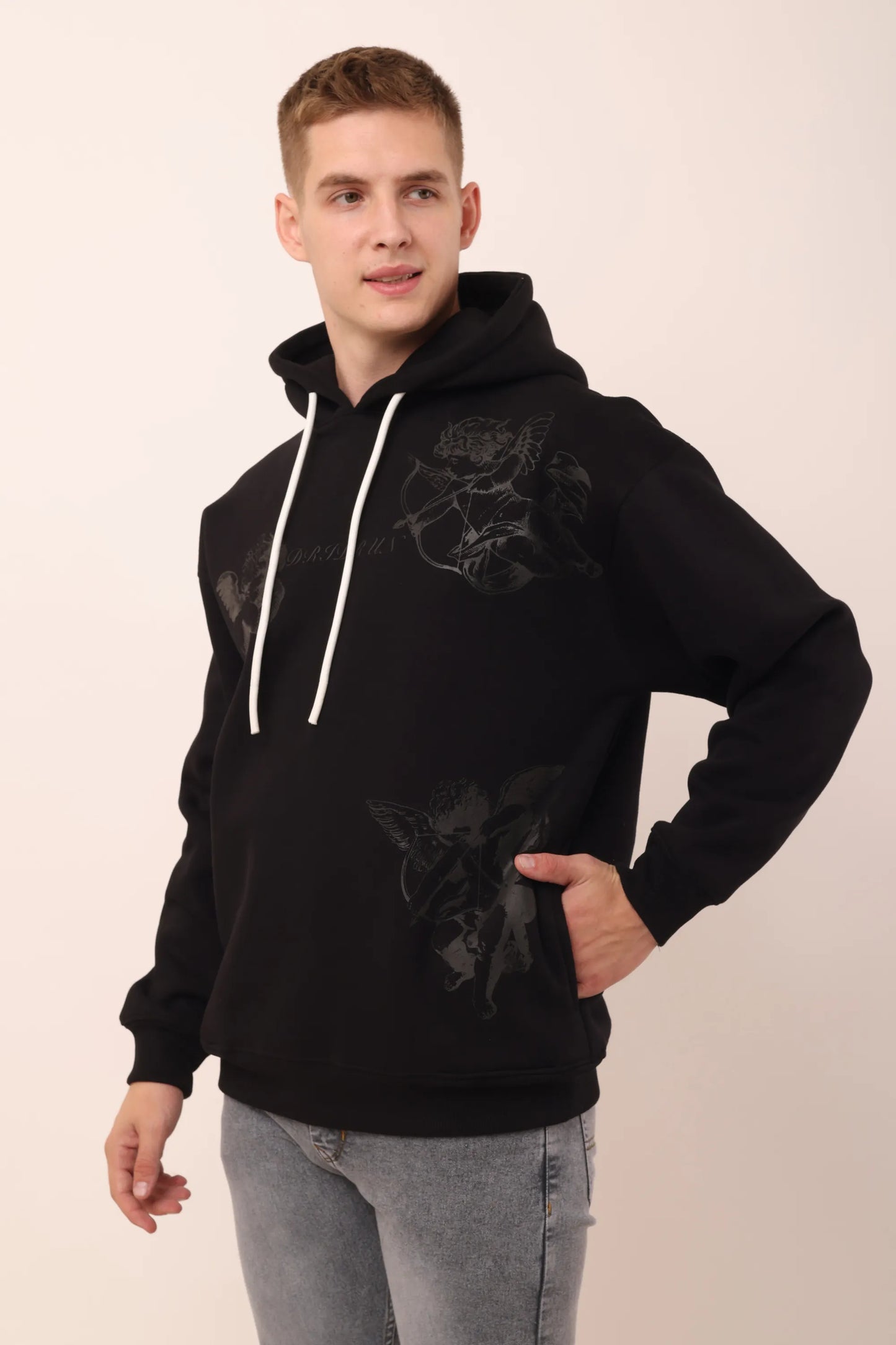 Black Graphic Drop Shoulder Oversized Digital Print Hoodie Men