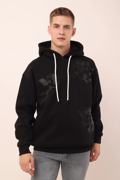 Black Graphic Drop Shoulder Oversized Digital Print Hoodie Men