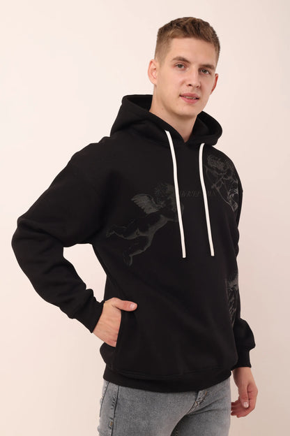 Black Graphic Drop Shoulder Oversized Digital Print Hoodie Men