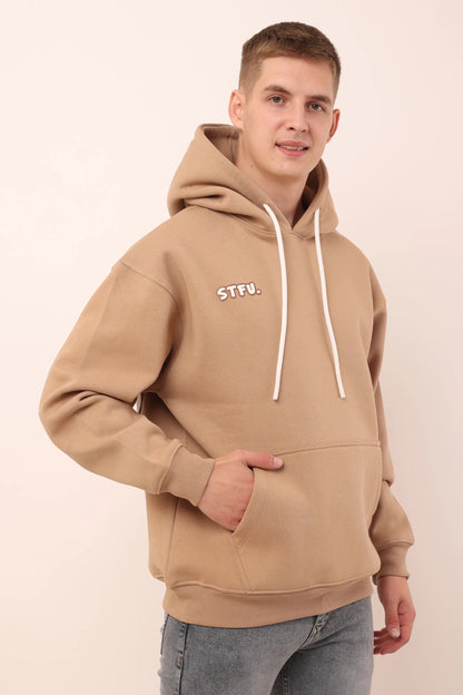 Stfu Beige Graphic Drop Shoulder Oversized 3D Puff Print Hoodie Men