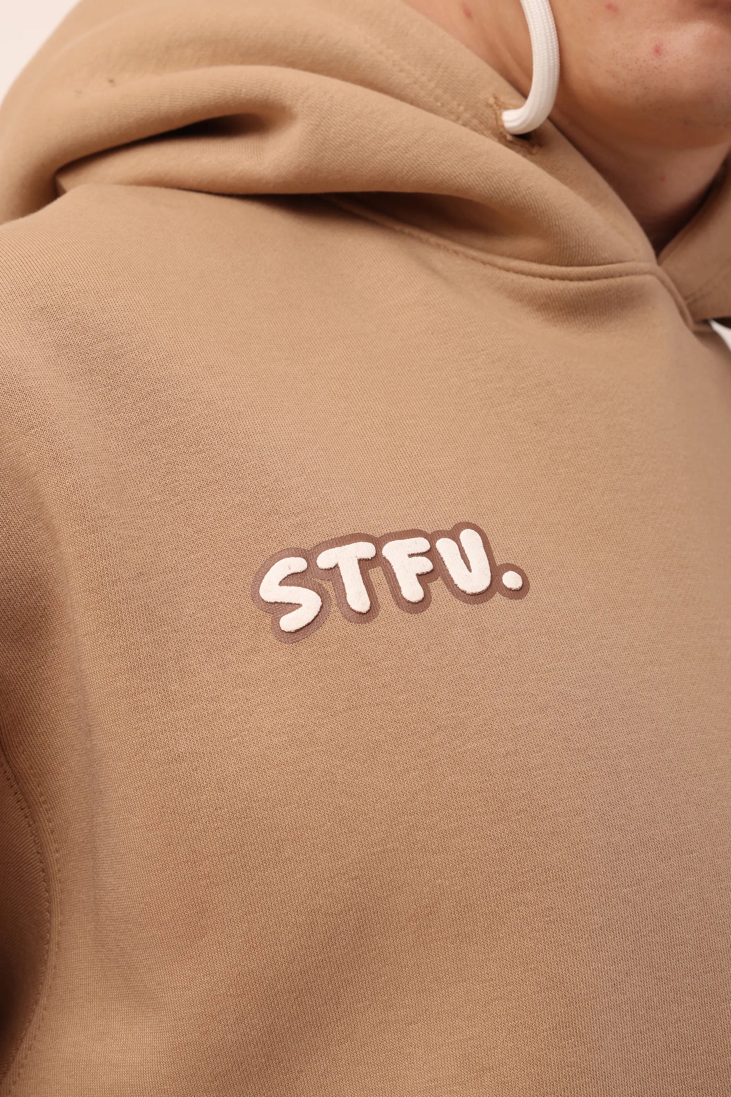 Stfu Beige Graphic Drop Shoulder Oversized 3D Puff Print Hoodie Men