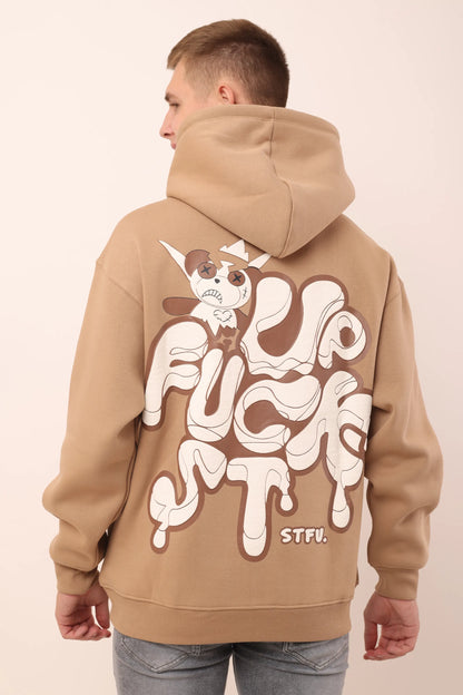 Stfu Beige Graphic Drop Shoulder Oversized 3D Puff Print Hoodie Men