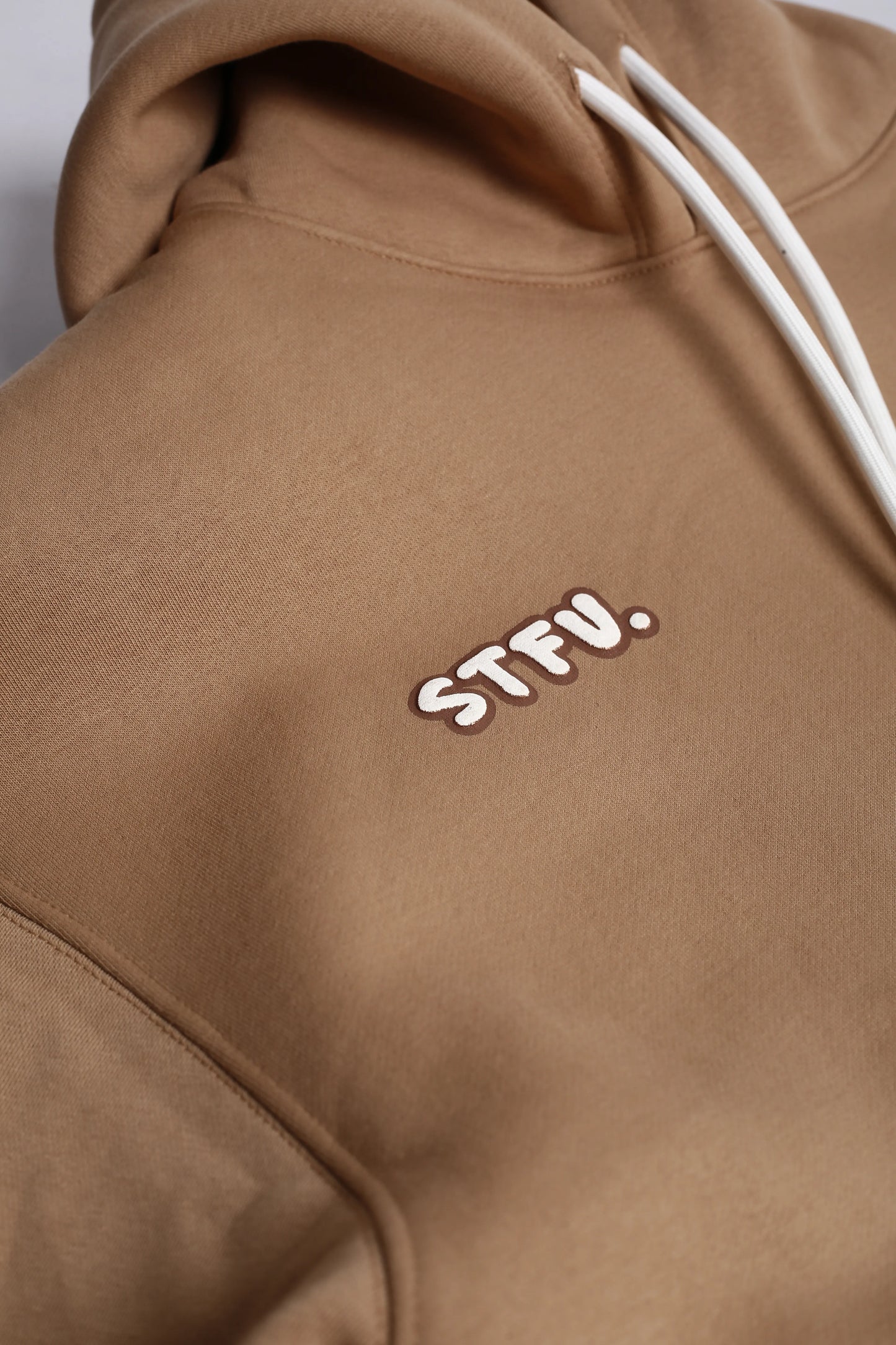 Stfu Beige Graphic Drop Shoulder Oversized 3D Puff Print Hoodie Men