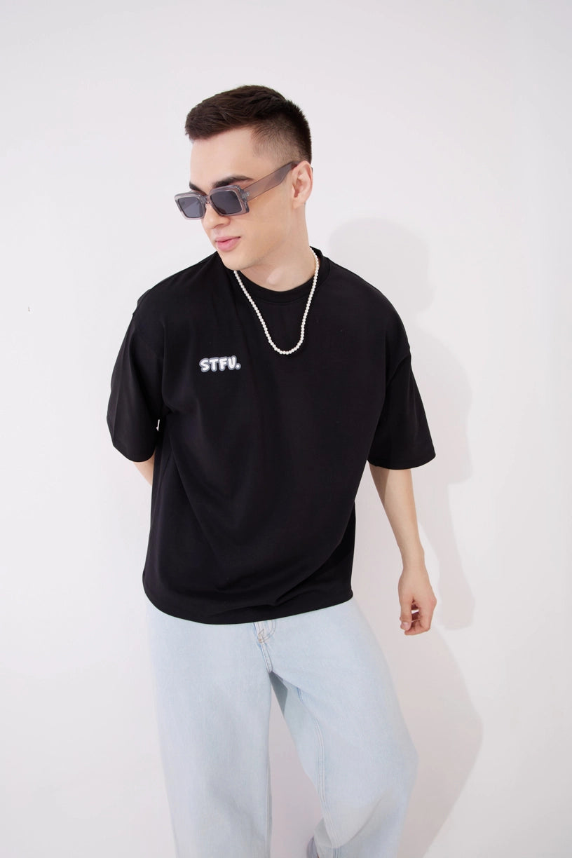 Stfu Black Graphic Drop Shoulder Oversized 3D Puff Print T-Shirt Men