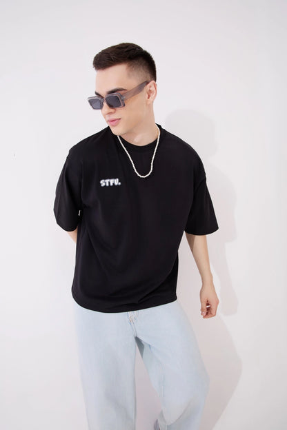 Stfu Black Graphic Drop Shoulder Oversized 3D Puff Print T-Shirt Men