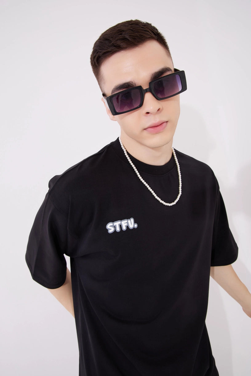 Stfu Black Graphic Drop Shoulder Oversized 3D Puff Print T-Shirt Men