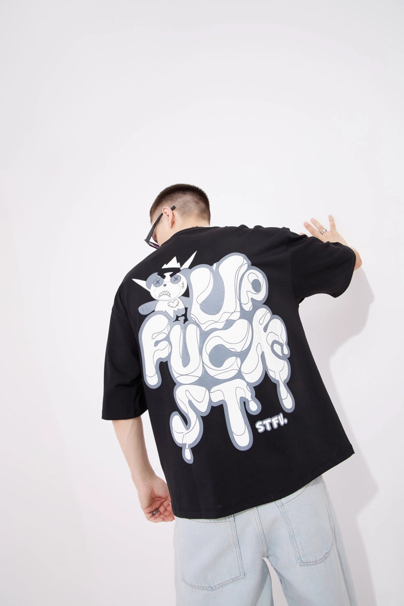 Stfu Black Graphic Drop Shoulder Oversized 3D Puff Print T-Shirt Men