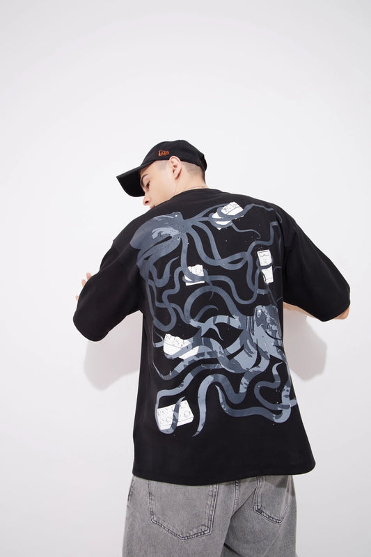 Octopus Black Graphic Drop Shoulder Oversized 3D Puff Print T-Shirt Men