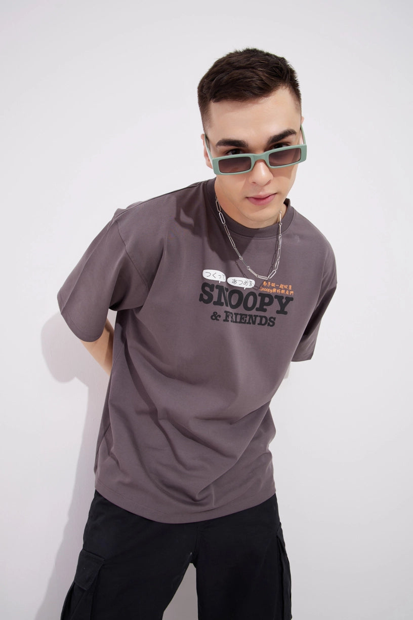 Snoopy Brown Graphic Drop Shoulder Oversized T-Shirt Men