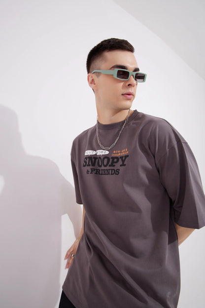 Snoopy Brown Graphic Drop Shoulder Oversized T-Shirt Men