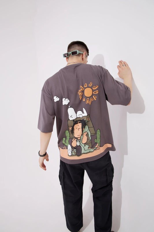 Snoopy Brown Graphic Drop Shoulder Oversized T-Shirt Men