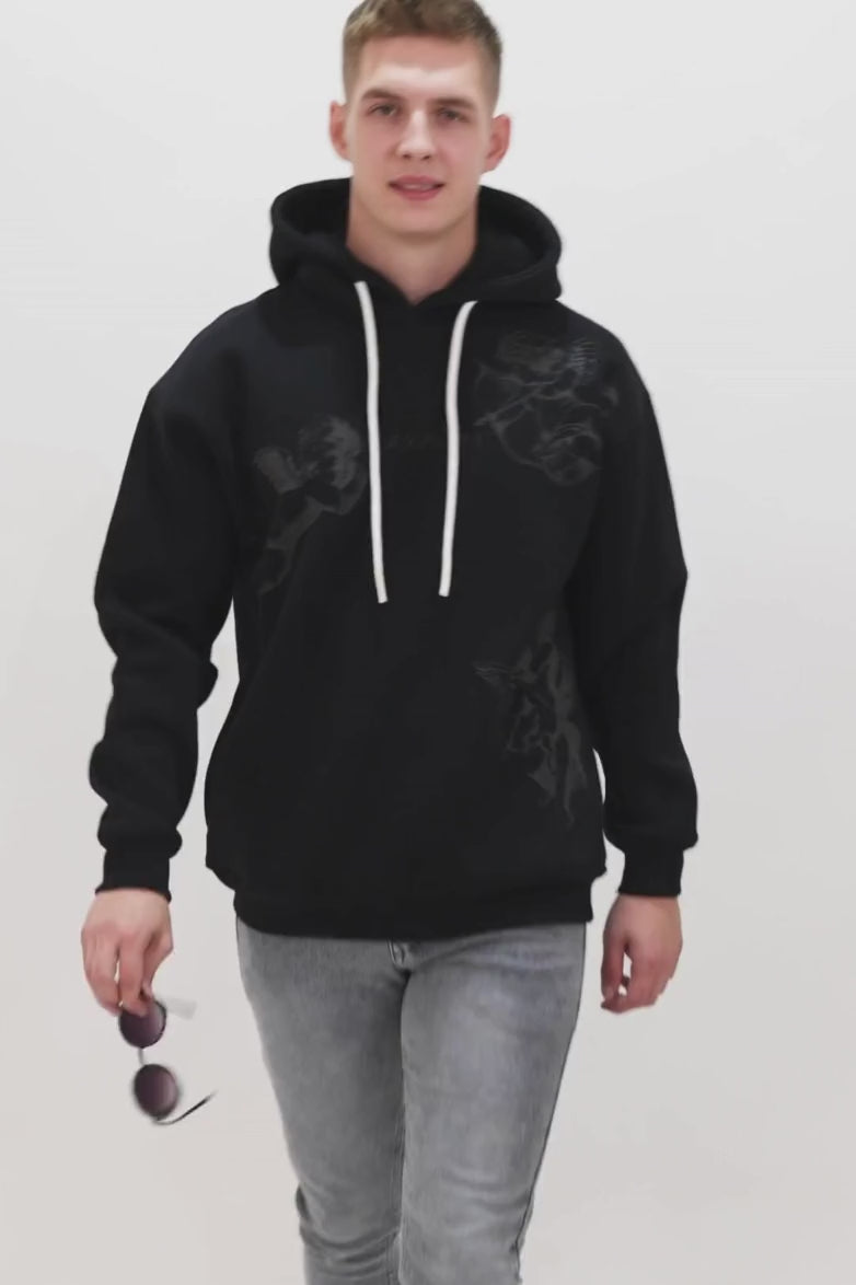 【DISCERNMENT】Unisex Best overfit drop shoulder hooded T Black Graphic Drop Shoulder Oversized Digital Print Hoodie